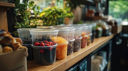 Fresh fruits and berries displayed in clear containers on a wooden shelf in a vibrant caf?