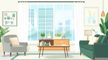 Sunlit living room with green sofa, armchair, plants, and large window