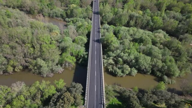 Slow-motion drone footage of a bridge centered in the frame over a muddy river, with vehicles crossing. The surrounding riparian vegetation, mainly trees, can be seen on a beautiful afternoon.