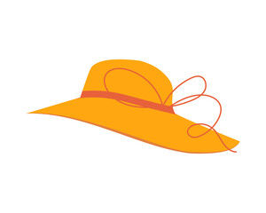 Beach sun protection hat with pink ribbon. Female beach hat hand drawn vector flat cartoon illustration isolated on white background. Straw fedora sun summer hat. Perfect accessory against sunstroke.