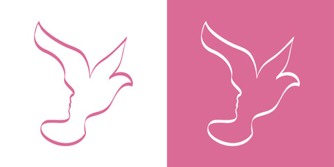 Calligraphic dove with human face outline. Minimal line art logo symbolizing peace, wellness, and mental health.