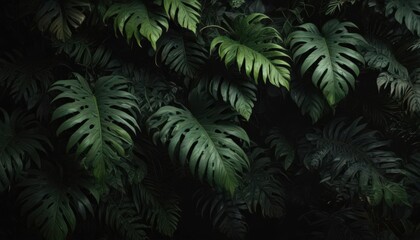 Black backdrop showcases dense, shadowy tropical leaves & vines  Intricate, dark green textures ,  rainforest,  dark green,  design
