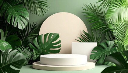 A serene display of green tropical leaves surrounding minimalist geometric shapes, creating a calming and modern aesthetic