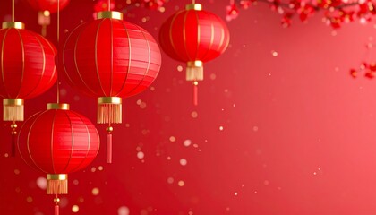 Vibrant red lanterns hang against a red backdrop, creating a festive atmosphere, perfect for celebrations and cultural events