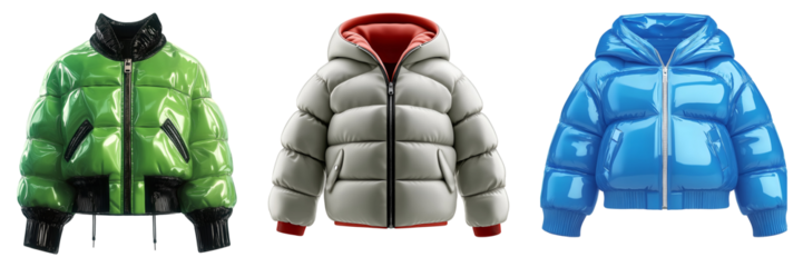 Set of various 3D visualization of jackets isolated on transparent background
