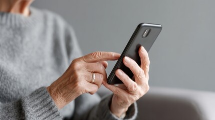Fototapeta premium An older woman is holding a cell phone and appears to be texting. Concept of nostalgia and the idea that technology has become an integral part of our lives, even for older generations