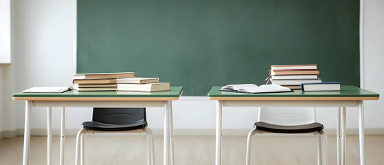 Empty Classroom With Greenboard And Desks