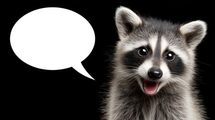 Obraz premium Raccoon is smiling and looking at the camera. The image is a cartoon of a raccoon with a speech bubble above it