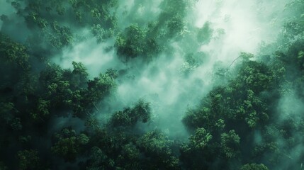 Fototapeta premium A green rainforest seen from above, with fog in the morning. 