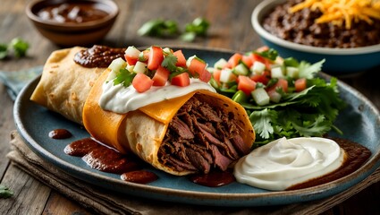 Delicious deep fried beef burrito with toppings