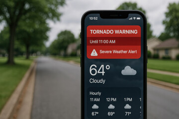 Smartphone displaying tornado warning alert with severe weather notification, showing current temperature and hourly forecast, emphasizing the importance of weather preparedness and safety measures