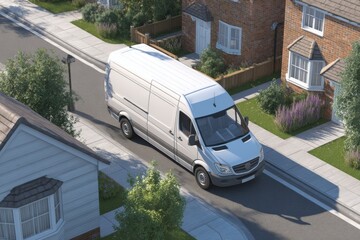Delivery Van Driving on Suburban Street Delivering Packages Past Residential Houses with Lawns and Paved Sidewalks
