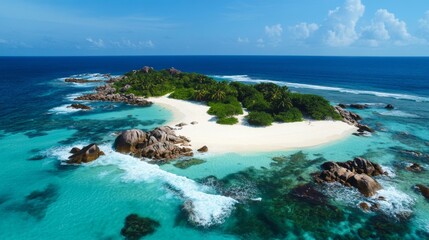 Fototapeta premium A photo from above shows a white sandy beach with rocks, waves, and clear blue water on a sunny island. Perfect for a summer trip! 