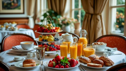 Naklejka premium Delicious fresh breakfast spread at a hotel