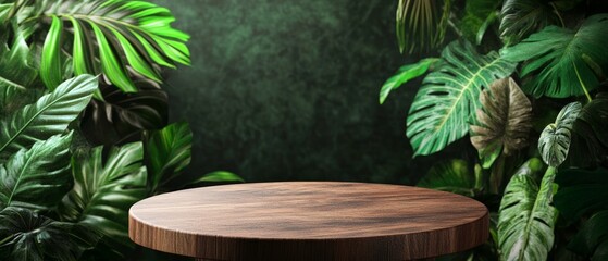 a wooden podium with tropical leaves 