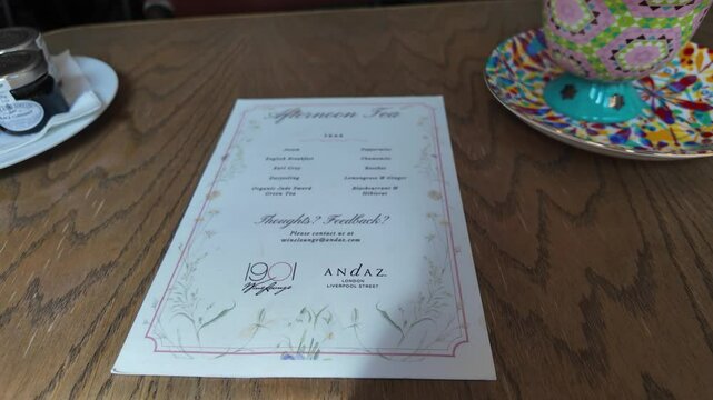 Menu at the 1901 Andaz within Liverpool Street for an Afternoon Tea, London, United Kingdom