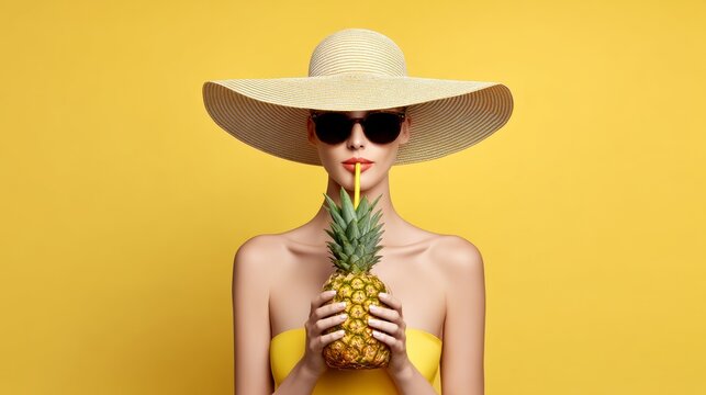 Woman in a yellow dress holding a pineapple and a straw. The image has a bright and cheerful mood