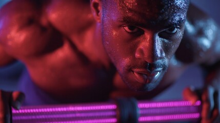 Gym action shot intense ab wheel rollout under purple uv light for hardcore cardio exercise