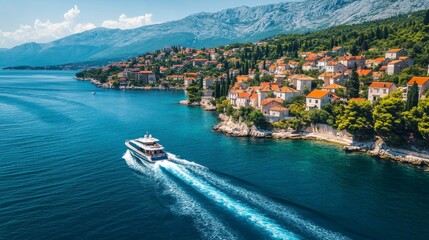 Fototapeta premium Croatia: Sunny day on the blue Adriatic Sea. A fancy boat speeds across the water. Picture taken from above with a drone. Great for travel photos. 