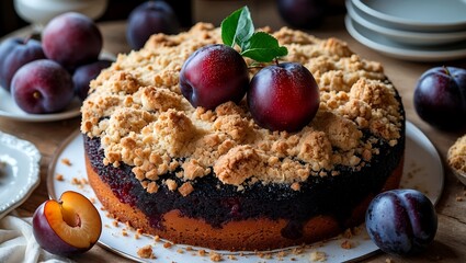 Delicious handmade plum cake topped with crumble