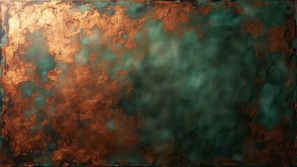 An abstract painting with copper and green tones. The textured surface creates depth, with metallic sheen in copper areas and a matte finish in green sections, forming a dynamic and visually engaging 