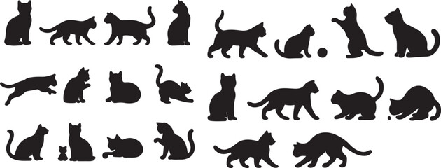 A collection of 20 black cat silhouettes in various poses including sitting, jumping, stretching, and walking. Perfect for pet themes, Halloween, vector art, and creative designs.