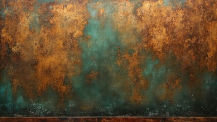 Oxidized copper plate with green verdigris and golden highlights, showing aged metal texture. Abstract patina effect