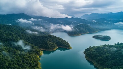 Naklejka premium From above, we see a lake surrounded by green mountains under a cloudy sky. 