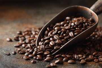Fototapeta premium Heap of Roasted Coffee Beans with Rusty Metal Scoop on Dark Textured Surface, Still Life with Close-Up View