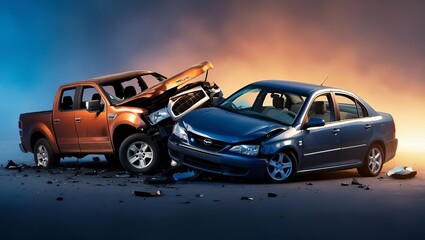 Orange Pickup Truck Collides with Blue Sedan at Sunset Causing Front-End Damage and Debris