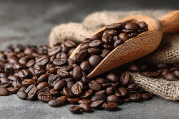 Fototapeta premium Roasted coffee beans spill from a rustic wooden scoop onto textured burlap sack, resting on gray background, providing natural warmth.