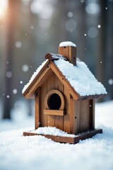 Fototapeta premium A charming wooden birdhouse, nestled in a soft blanket of freshly fallen snow, awaits its feathered friends in the quiet winter woods.