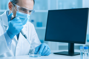 Laboratory scientist conducting research with pipette and petri dish, focused on results