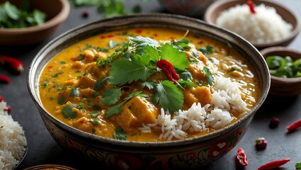 Delicious kadhi and rice served with fresh herbs