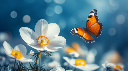 flower with yellow stamens and butterfly in nature macro on background of blue sky