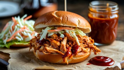 Delicious pulled bbq chicken sandwich with cole slaw