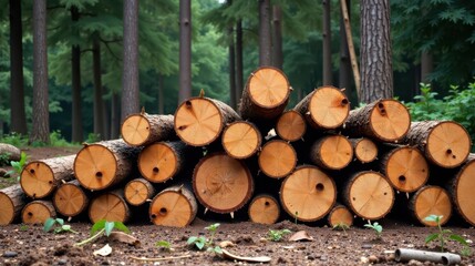 A freshly cut pile of tree logs rests on the forest floor, surrounded by lush green vegetation and towering trees.