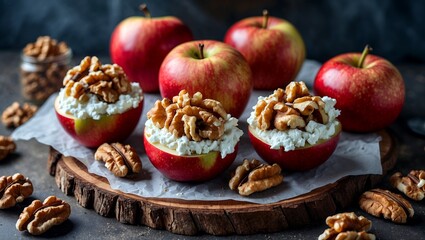 Delicious red baked apples stuffed with cottage cheese and walnuts