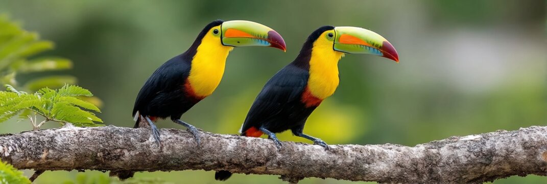 Two toucans perched on a branch in a lush green forest background. Possible use Nature, wildlife, travel photography