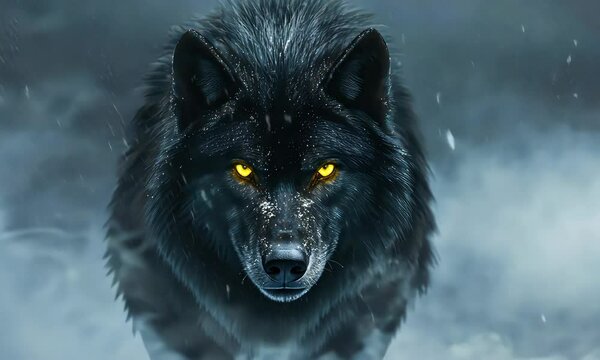 Black wolf head in fog
