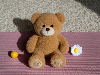 Soft teddy bear sitting on a pink yoga mat beside a yellow ball and a white daisy flower creating a warm inviting scene of childhood comfort and playful imagination