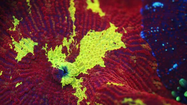 Macro close-up of a Jawbreaker Discosoma coral in red, yellow, and purplish blue under actinic lighting
