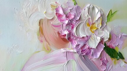 A painting of a white flower with pink and purple petals.