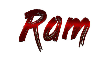 3D blood red word design of Ram on white background.	