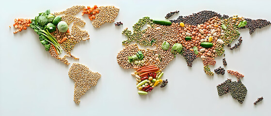 World Map Made Of Food Items On White Background