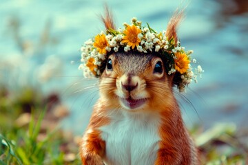 Obraz premium Isolated ultramarine background, copy space, ad campaign concept art creative design. Cute adult animal squirrel wearing untamed flower crown on its head - symbol of sunny warm season.