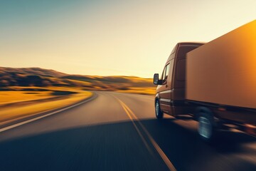 Obraz premium Orange delivery truck speeding on a scenic road during golden hour sunset with motion blur, symbolizing fast transport, logistics, and dynamic journey efficiency.