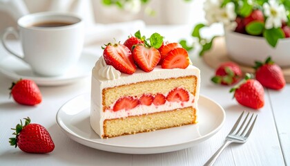 Layers of fresh strawberry cake with whipped cream, topped with sliced ​​berries and frosting. Served with a fork for breakfast.