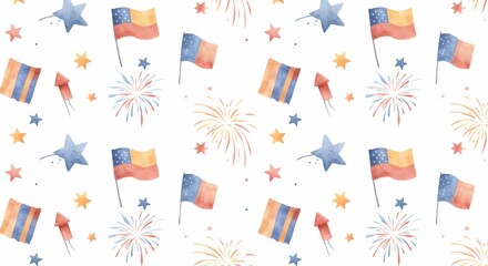 Obraz premium Fourth of July Background: Celebrating Watercolor Seamless Pattern with Flags and Fireworks
