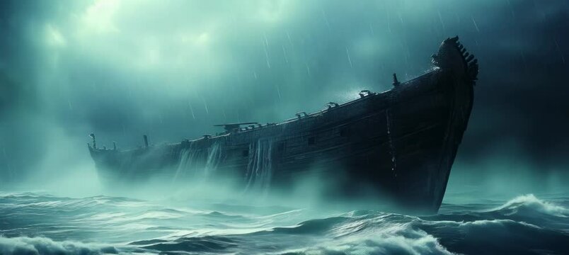 Giant Noah ship ark on ocean storm. Religion belief culture concept. Generative video AI technology.	
